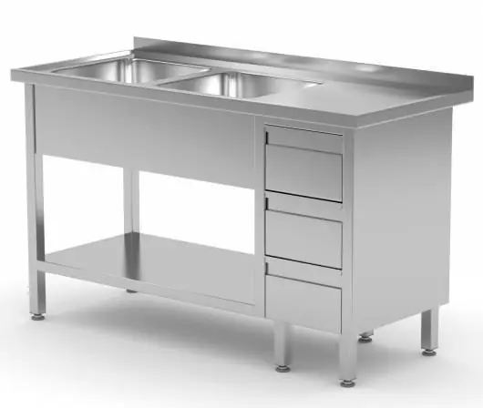 Sonderaktion Edelstahl Spültisch + 2 Becken + 3 Schubladen 1400x600x(H)885mm