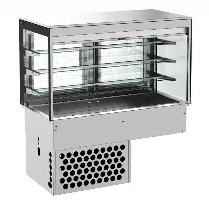 Markenprodukt Einbaukühlvitrine Eckig – Mit Rollvorhang 3/1 Gn