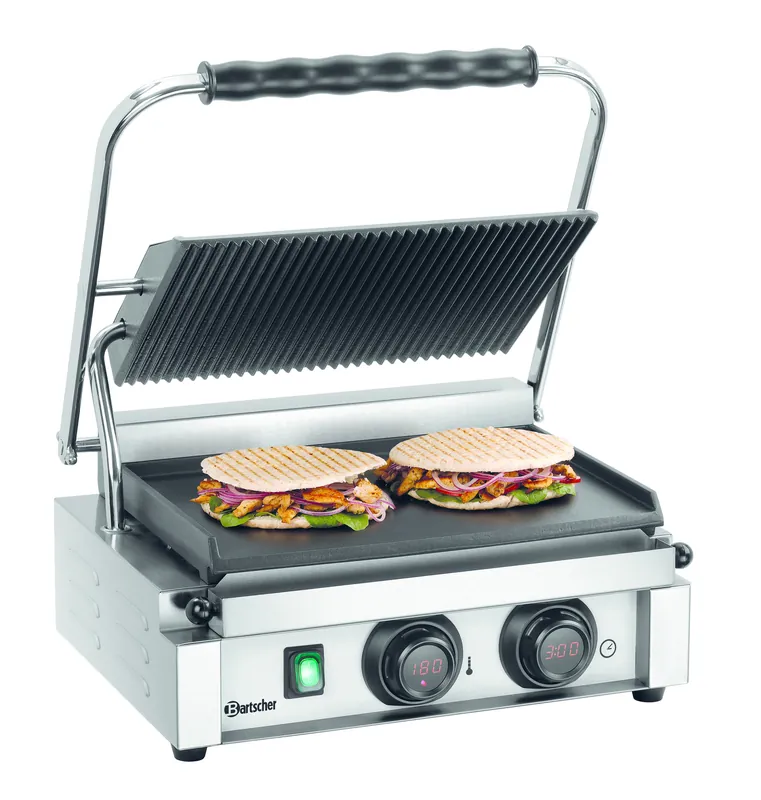 Saisonangebot Panini Kontaktgrill gerippt-glatt - Digitaler Timer und Temperatur - 2,2 kW - 410x400x (H) 200mm