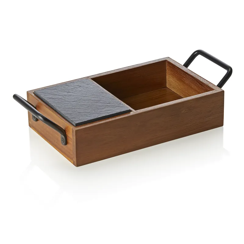 Naturschieferplatten Set SLATE & SERVE, 24 x 15 x 5,5 cm, 3 Schieferplatten und Brot- und Butterkorb, Akazienholz, Naturschiefer Top-Seller