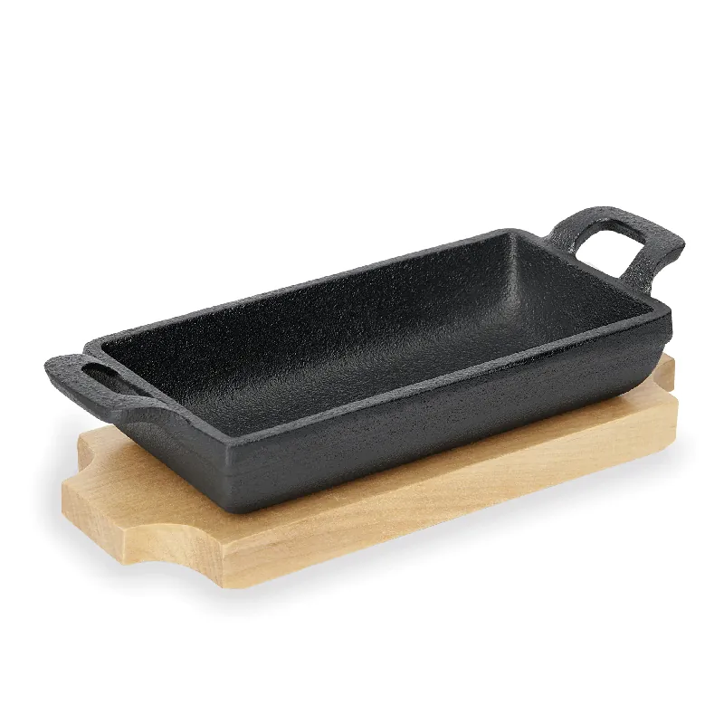 Mini Servierpfanne IRON DINING, mit Holzuntersetzer, 18 x 9,5 x 3 cm, Gusseisen, Holz Super-Preis