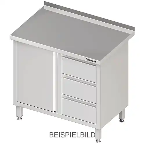 Preiswert Arbeitsschrank mit Flügeltür, 800x600x850 mm, mit 3er Schubladenblock links, ohne Aufkantung, verschweißt